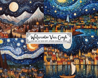 Op de afbeelding: Een digitale kunstprint van vier aquarel schilderijen geïnspireerd door Vincent van Gogh's "De Sterrennacht". Elk schilderij toont een klein stadje met huizen, bomen en een rivier onder een sterrenhemel. De tekst "Watercolor Van Gogh (20) AR 3:2 300 DPI JPEGS 10800 x 7200" staat onderaan de afbeelding.