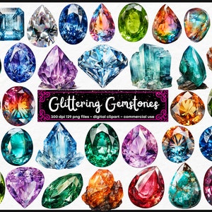 Può includere: Una collezione di 30 gemme scintillanti in varie forme e colori, tra cui verde, blu, rosso, viola e arancione. Le gemme sono disposte in una griglia su uno sfondo bianco. Il testo "Glittering Gemstones" è visualizzato nella parte inferiore dell'immagine.