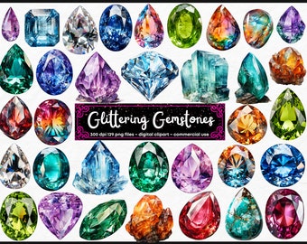 May include: A collection of 30 sparkling gemstones in various shapes and colors, including green, blue, red, purple, and orange. The gemstones are arranged in a grid pattern on a white background. The text "Glittering Gemstones" is displayed at the bottom of the image.