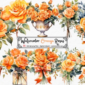 Watercolor Orange Roses Clipart - Roses in PNG format instant download for commercial use, Orange Rose Vase, Orange Rose scrapbooking