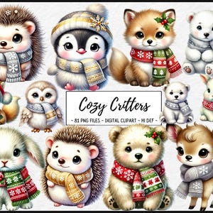 clipart di animali carini, clipart di creature accoglienti, animali del bosco PNG, arte di animali natalizi, clipart di animali invernali, disegni di animali festivi