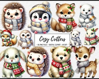 süßes Tier Clipart, gemütliches Tier Clipart, Waldtiere PNG, Weihnachten Tier Clipart, winterliches Tier Clipart, festliche Tier Designs