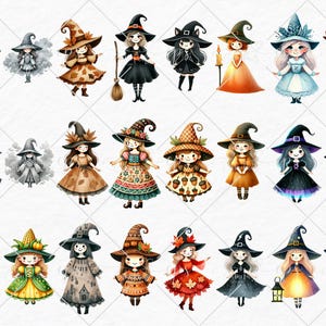 May include: A set of 24 digital illustrations of cute witches with different outfits and accessories. The witches are wearing various hats, dresses, and shoes. Some witches are holding brooms, wands, and other magical items.