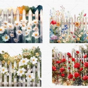 Watercolor Garden Fence Clipart, Spring Flowers PNG, Instant Download ...