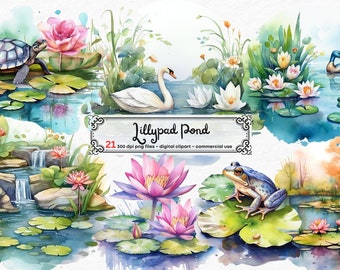 Lillypad pond clipart, lillypad clipart, lillypad flower clipart frog swan turtle spring clipart instand download PNG graphics