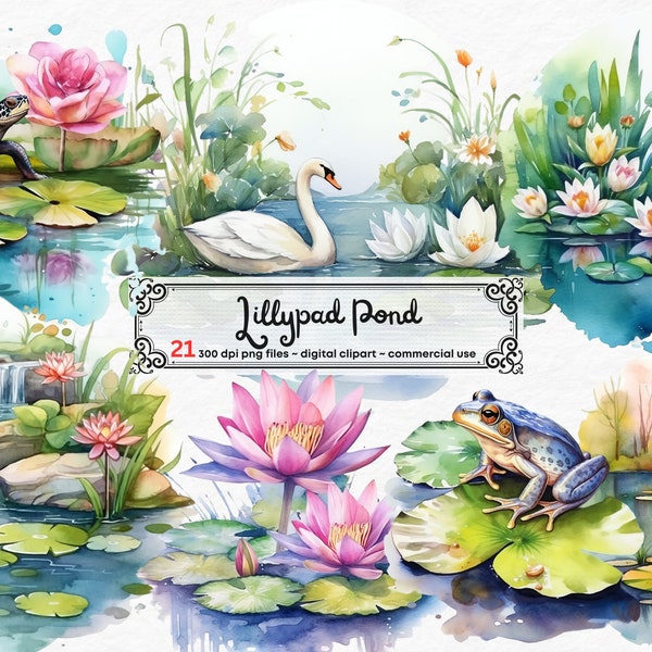 Lillypad pond clipart, lillypad clipart, lillypad flower clipart frog swan turtle spring clipart instand download PNG graphics