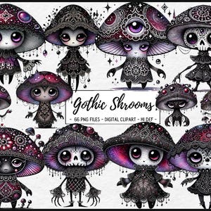 May include: A set of 10 digital illustrations of gothic mushrooms with intricate details. Each mushroom has a unique design with black and purple colors, and some have a skull or eye motif. The text "Gothic Shrooms" is included in the image.