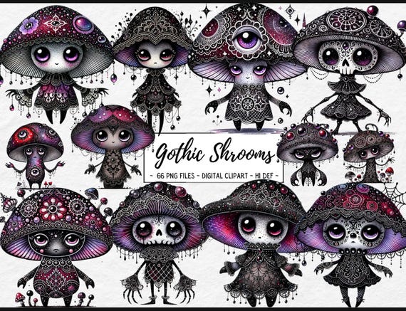 Gothic Mushroom Clipart - Dark Fantasy PNG Bundle for Crafts, Stickers, Scrapbooking, Sublimation, Invitations, Occult, Spooky Aesthetic