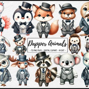 May include: A digital clipart set of 14 dapper animals wearing suits and hats. The animals include a flamingo, penguin, fox, beaver, seal, hedgehog, panda, owl, moose, raccoon, koala, and llama. The clipart is perfect for creating invitations, cards, and other crafts.