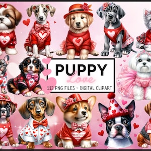 Valentine Hund Clipart Bundle - Welpe Sublimation Bundle für Valentinstag Handwerk. Baby Tiere Clipart PNG für Hundeliebhaber - Digitaler Download