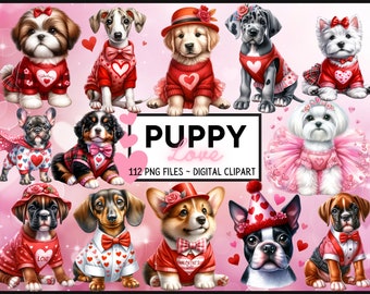 Valentine Hund Clipart Bundle - Welpe Sublimation Bundle für Valentinstag Handwerk. Baby Tiere Clipart PNG für Hundeliebhaber - Digitaler Download