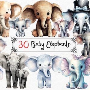 Baby elephant watercolor clipart, elephant wall art, nursery decor, cute little animal png, baby shower