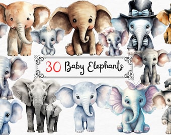 Baby elephant watercolor clipart, elephant wall art, nursery decor, cute little animal png, baby shower