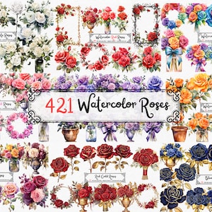 Watercolor Roses Clipart Collection - Roses in PNG format instant download for commercial use, Rose Pack, Rose scrapbooking