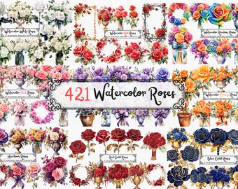 Watercolor Roses Clipart Collection - Roses in PNG format instant download for commercial use, Rose Pack, Rose scrapbooking