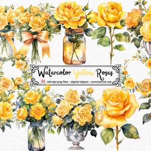 Watercolor Yellow Roses Clipart - Roses in PNG format instant download for commercial use, Rose Vase, Rose scrapbooking