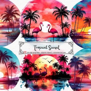 Watercolor Tropical Sunsets Clipart Wall art, Flamingo, digital graphics, beach landscape for commercial use instant download commercial use