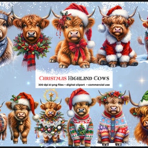Aquarell Weihnachten Highland Kühe Clipart, XMAS Winter Kindergarten Bundle, PNG Bundle, digitaler Download, Kartenherstellung, digitales Papier