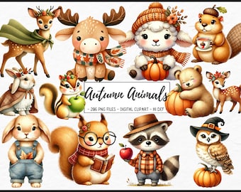 autumn animals, woodland animals, fall clipart, cute animals, forest animals, woodland clipart, raccoon clipart,deer clipart,digital clipart