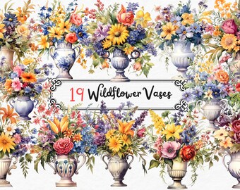 Watercolor Wildflower Clipart - wildflowers in PNG format instant download for commercial use, wildflower Vases, wildflower scrapbooking