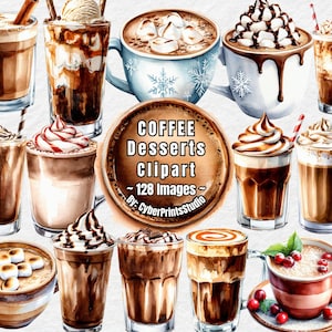 Coffee Dessert Clipart Bundle – 128 PNG Images of Mocha, Latte,Hot Cocoa Drinks, Whipped Cream Chocolate Sublimation, Printable Projects