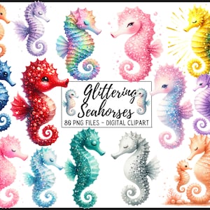 Aquarell Seepferdchen Clipart, glitzernde Seepferdchen, niedliche nautische Ozean Tiere PNG Clip Art Grafiken sofortiger Download für kommerzielle Nutzung
