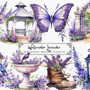Watercolor Lavender Garden Clipart - Provence floral spring PNG format instant download for commercial use Butterfly Lantern Bird