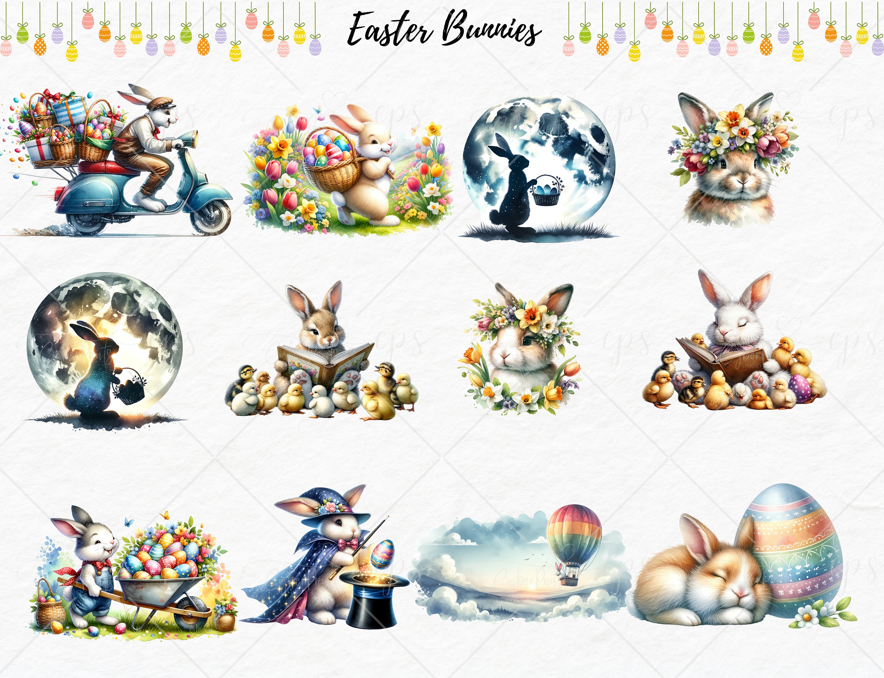 Easter Watercolor Clipart Bundle, PNG Easter Bunny Images, Cute Spring ...