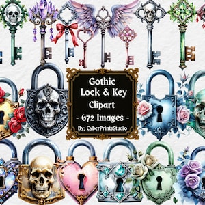 Gothic Schloss und Schlüssel Aquarell Clipart Bundle - 672 PNGs mit Skull-Schlüsseln, Floralen Vorhängeschlössern, geflügelten Schlüsseln, Vintage-Herzen und Rosen