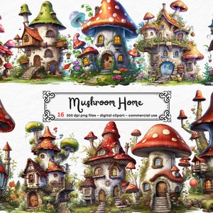 May include: A set of 16 digital clipart images of whimsical mushroom houses with red and white mushroom caps, windows, doors, and details like flowers and vines. The text "Mushroom Home" is displayed in a decorative frame.