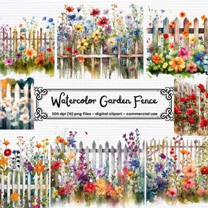Imágenes prediseñadas de valla de jardín de acuarela, flores de primavera PNG, descarga instantánea para uso comercial, valla floral PNG, imágenes prediseñadas de primavera