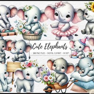 Cute Elephant Clipart - Baby Elephants PNG - Digital Download for Nursery Decor, Stickers, Crafts, Invitations, Sublimation, watercolor