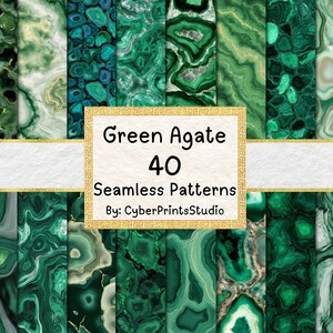 May include: A collection of 40 seamless patterns featuring green agate designs. The patterns showcase various shades of green with intricate veining and textures, creating a natural stone appearance. The image includes text that reads "Green Agate 40 Seamless Patterns".