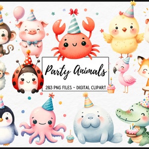 Lindo paquete de imágenes prediseñadas de animales de cumpleaños, animales bebés con refranes de cumpleaños, arte de cumpleaños imprimible, PNG, guardería, fabricación de tarjetas, uso comercial
