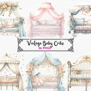 Vintage Baby Crib Clipart - 26 PNG de alta calidad - Descarga digital - Creación de tarjetas, artesanía de papel digital, imágenes prediseñadas de cama de bebé