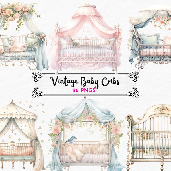 Vintage Baby Crib Clipart - 26 High Quality PNGs - Digital Download - Card Making, Digital Paper Craft, Baby Bed Clipart