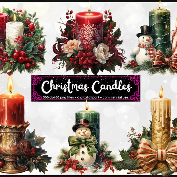 Watercolor Christmas candles clipart, 60 high quality PNG files, xmas clip art, winter holidays, card making, Christmas decor