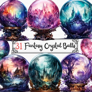 May include: 31 Fantasy Crystal Balls with various scenes inside, including castles, forests, and starry skies. The crystal balls are on ornate gold stands.