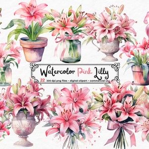 Watercolor Pink Lilly Clipart - Pink Lillies in PNG format instant download for commercial use, Lilly Vase, Lilly scrapbooking