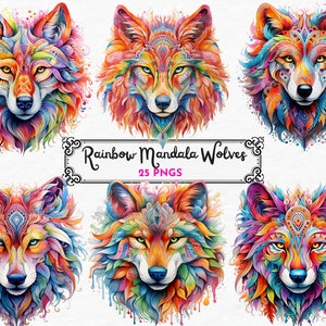 Rainbow Mandala Wolf, ingewikkelde kunst, mystiek dier, Mandala Design, Mystique Decor, Clipart, Spiritueel, instant download