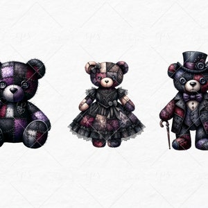 May include: Three patchwork teddy bears, one wearing a top hat and bow tie, one in a dress, and one in a simple outfit. The bears are all made of different fabrics and colors, and have a vintage, whimsical look.