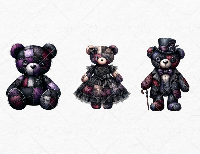 May include: Three patchwork teddy bears, one wearing a top hat and bow tie, one in a dress, and one in a simple outfit. The bears are all made of different fabrics and colors, and have a vintage, whimsical look.