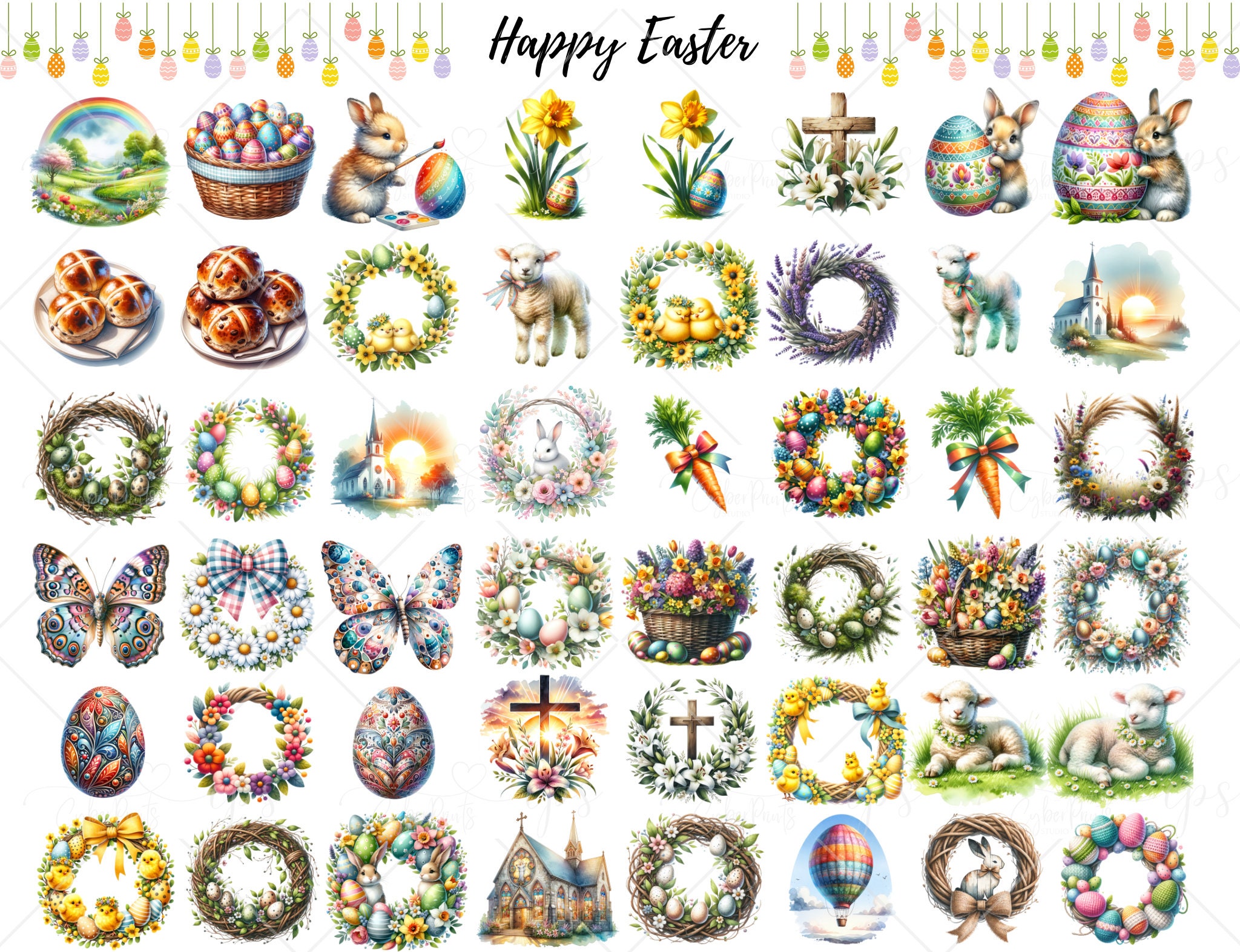 Easter Watercolor Clipart Bundle, PNG Easter Bunny Images, Cute Spring ...