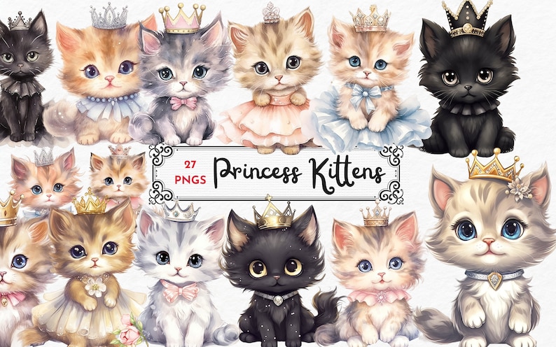 Princess Kittens Watercolor Clipart Png Kitten Pngcute - Etsy