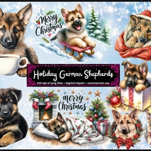 Clipart di pastore tedesco dell'acquerello, cucciolo di Natale, vacanze invernali, carino, cane di Babbo Natale, maglione, regali, download istantaneo, diario spazzatura