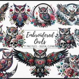 Gestickte Eulen Clipart - süße Stickerei, Gothik, Schädel, Blumen PNG-Format, sofortiger Download für kommerzielle Nutzung, Sublimation, Scrapbooking
