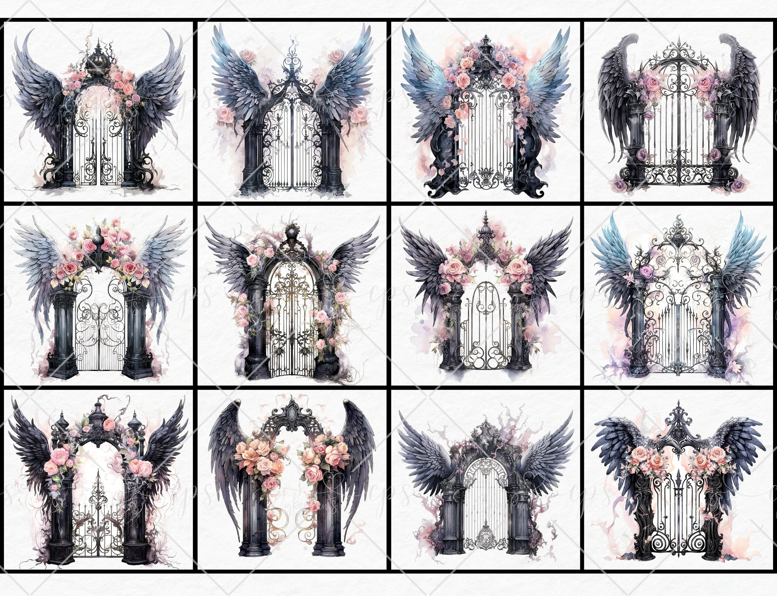 Watercolor Gothic Angel Gates Clipart - Ethereal Doors, Fantasy Heaven ...