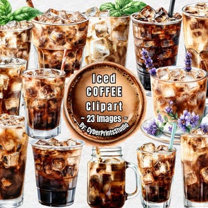 May include: Watercolor illustration of various iced coffee drinks in different glasses, including a mason jar and a mug. Some are garnished with herbs and flowers. The image includes the text "Iced Coffee Clipart - 23 Images".