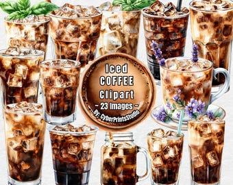 Eiskaffee-Aquarell-Clipart-Bundle - 23 PNG-Illustrationen von Kaltgebräu und Latte-Getränken mit Eiswürfeln für die Sommer-Sublimation, Café-Aufkleber