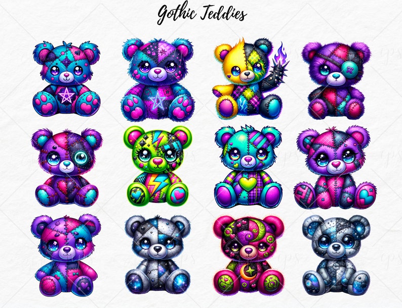May include: Twelve colorful patchwork teddy bears with different designs and patterns. The bears are all sitting down and have a variety of expressions on their faces. The bears are all made of different fabrics and have a variety of colors, including pink, blue, green, yellow, and black.